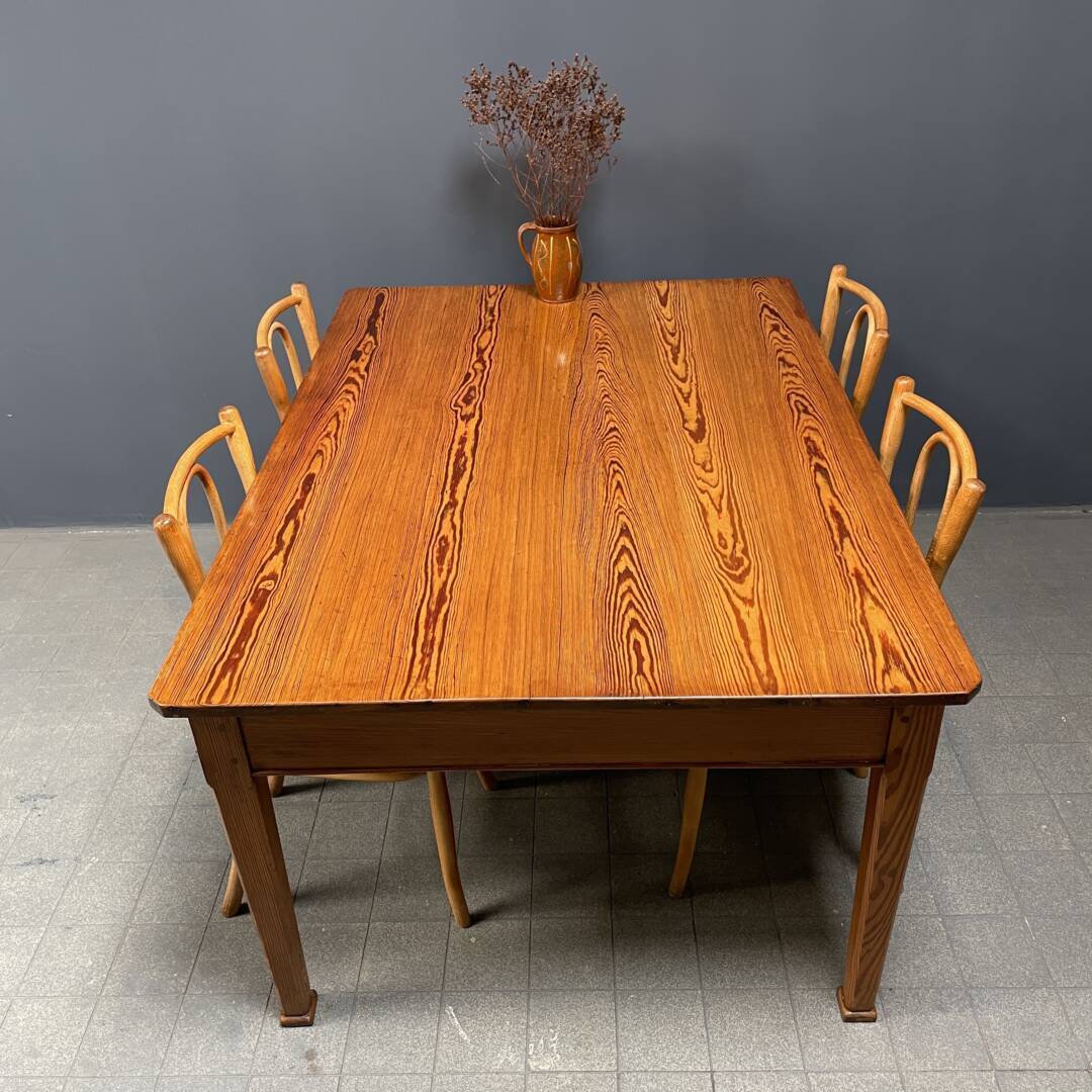 Antieke pitch pine stoffen tafel met twee laden