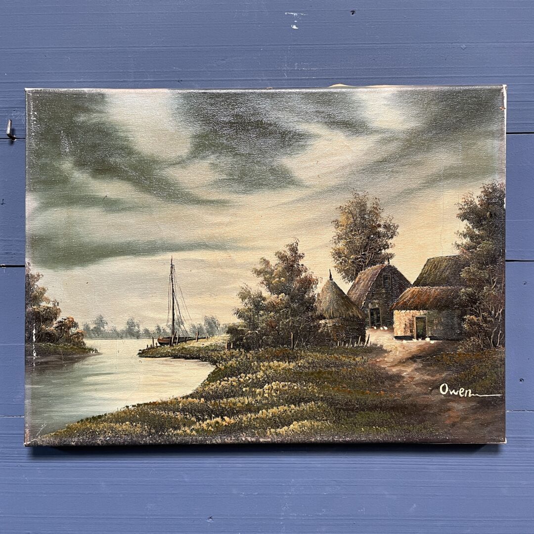 Olieverf schilderij boerderij aan het water