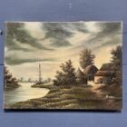 Olieverf schilderij boerderij aan het water