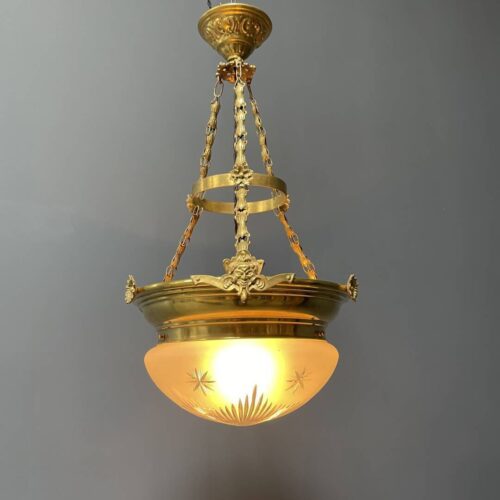 Grote antieke messing hanglamp met geslepen glas