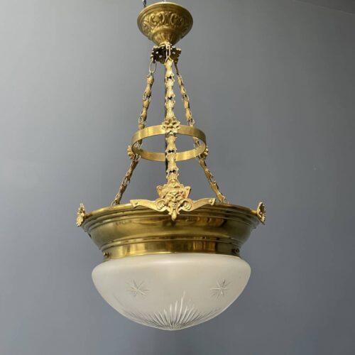 Grote antieke messing hanglamp met geslepen glas